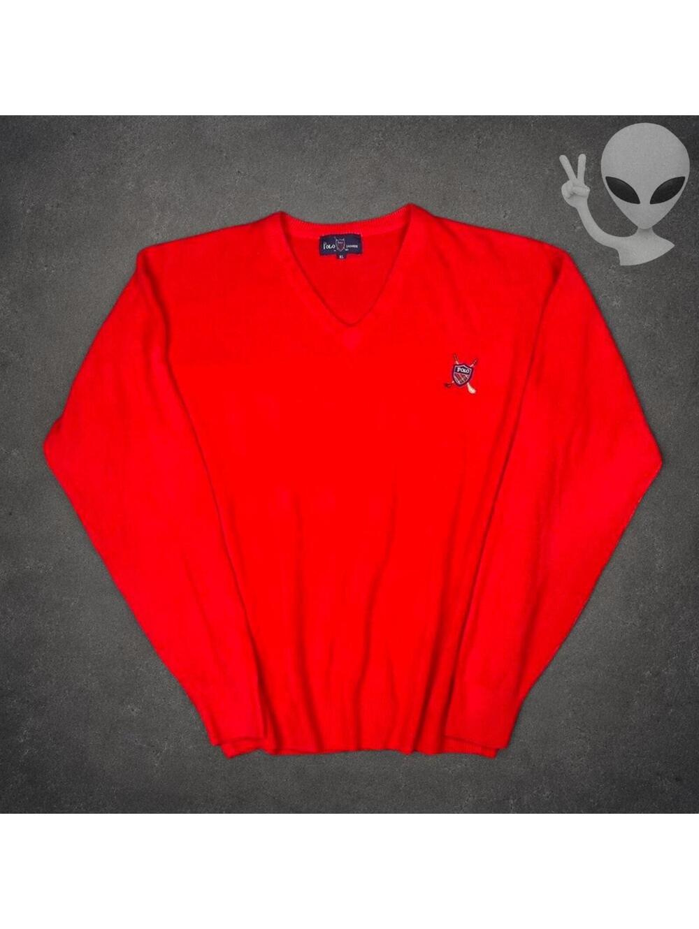 Polo Ralph Lauren V-Neck Sweater Mens XL Red Vintage Crossed Mallets Crest
